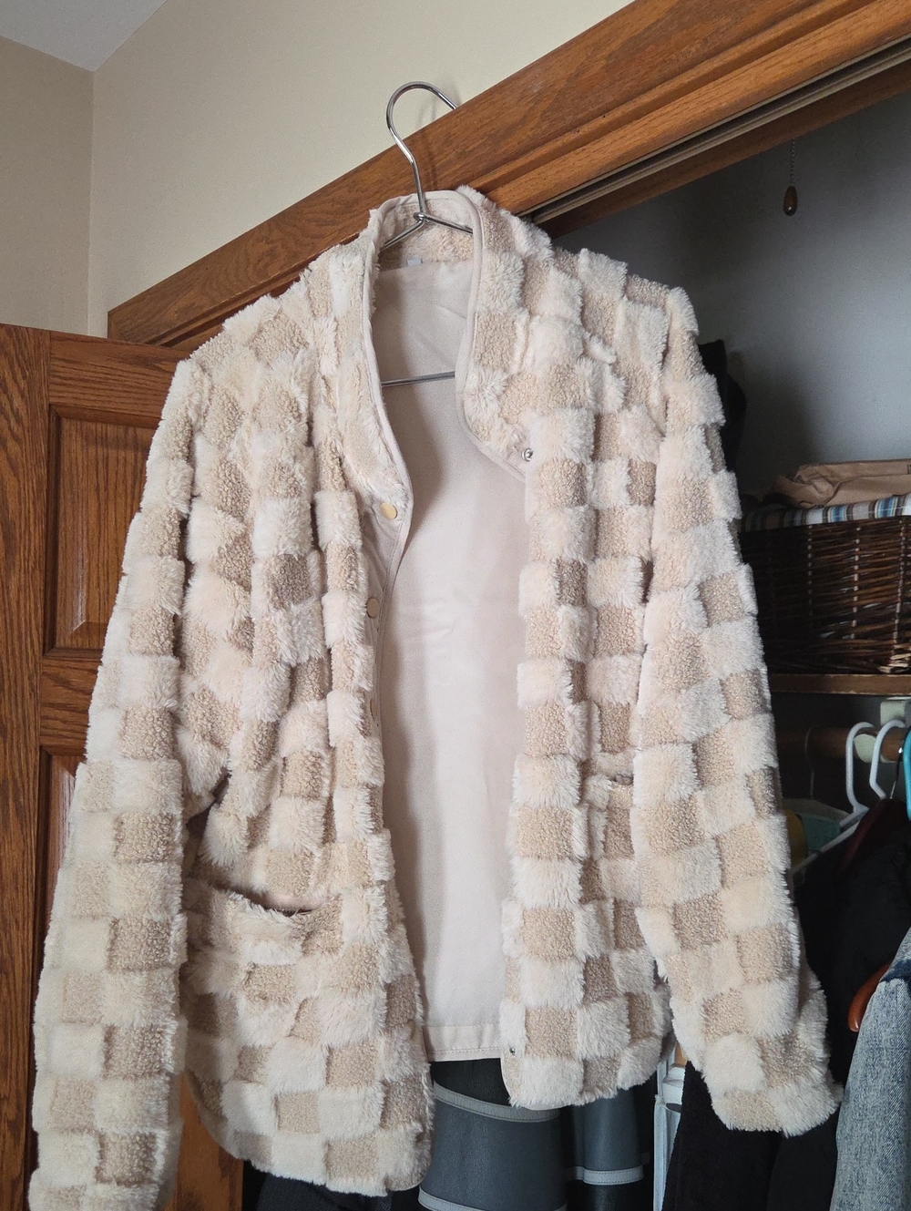 Plush Cream Checkered Jacket - Women's Cozy Coat